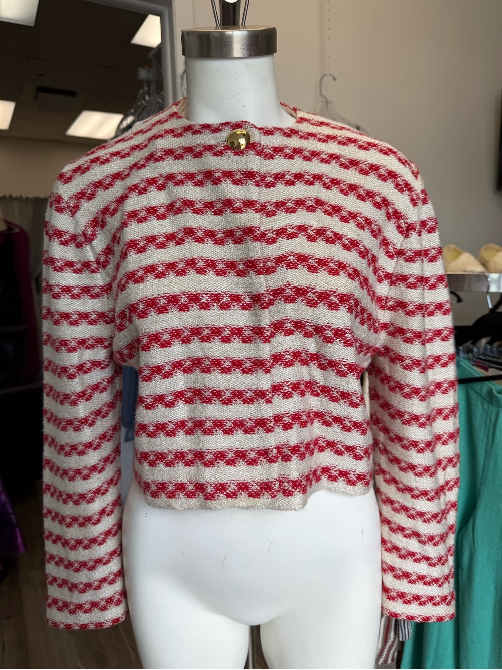 St. John by Marie Gray Vintage Red and White Striped Cropped Knit Cardigan